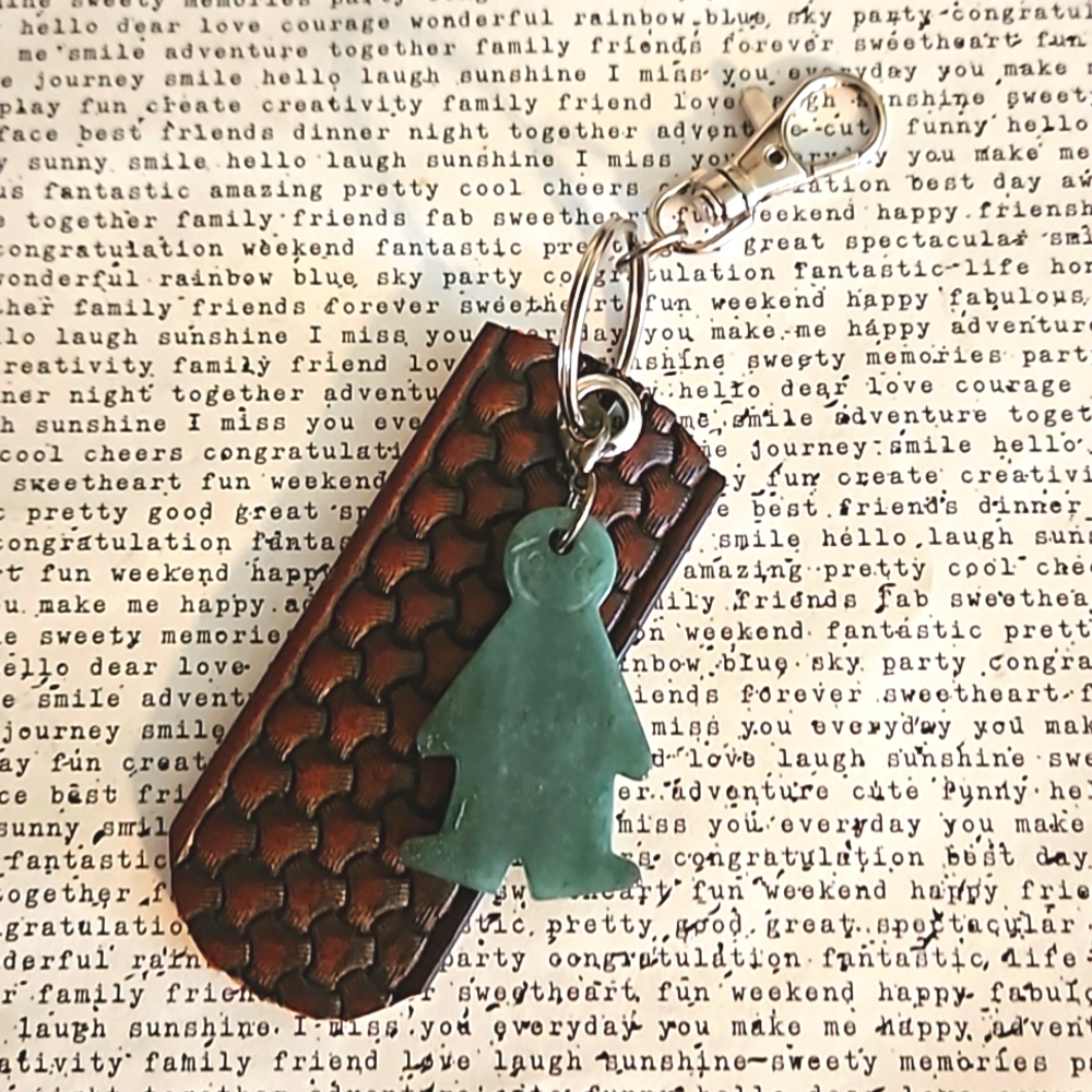 Vintage tooled leather keyring good luck carved gemstone charm ooak